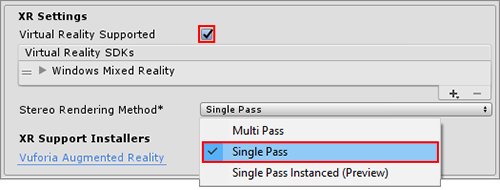 PlayerSettings > XR Settings 에서 싱글 패스 렌더링 선택