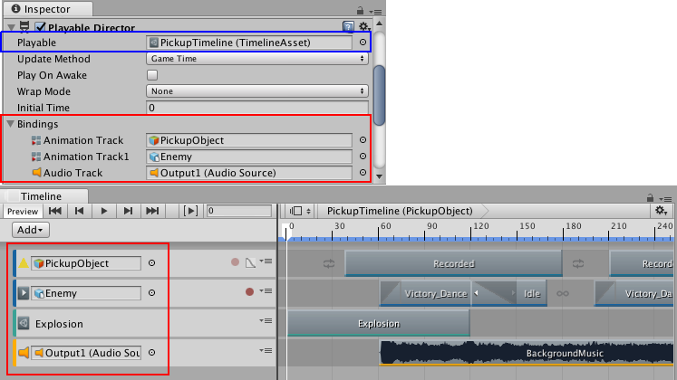 Playable Director 컴포넌트는 타임라인 에셋(파란색)을 에셋에 바인딩되어 있는 게임 오브젝트(빨간색)와 함께 표시합니다. 타임라인 에디터 창에는 동일한 바인딩(빨간색) 정보가 트랙 목록에 표시됩니다.
