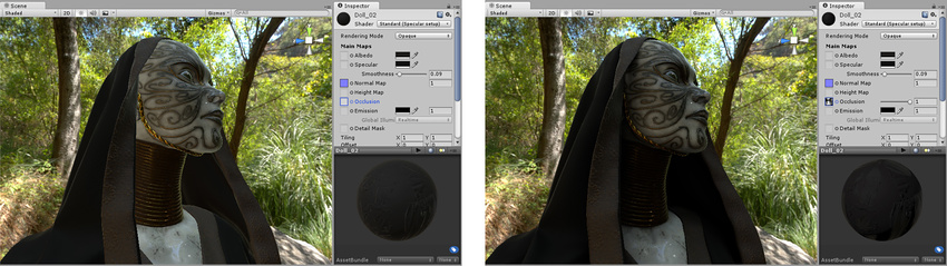 오클루전 맵 적용 전과 후. 왼쪽 이미지에서는 부분적으로 가려진 영역, 특히 목 주위의 옷감이 접히는 부분의 조명이 너무 밝습니다. 앰비언트 오클루전 맵 할당 후에 이 영역에는 더 이상 주변 숲 환경의 녹색 주변광이 비춰지지 않습니다.