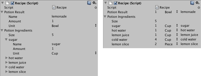 Class in the Inspector without (left) and with (right) custom Property Drawer.