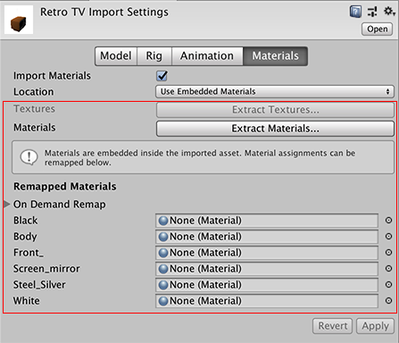 Import settings for Use Embedded Materials