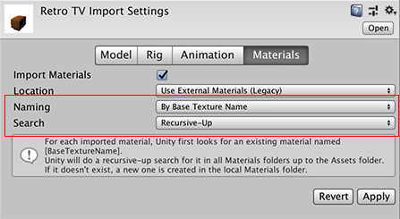 Import settings for Use External Materials (Legacy)