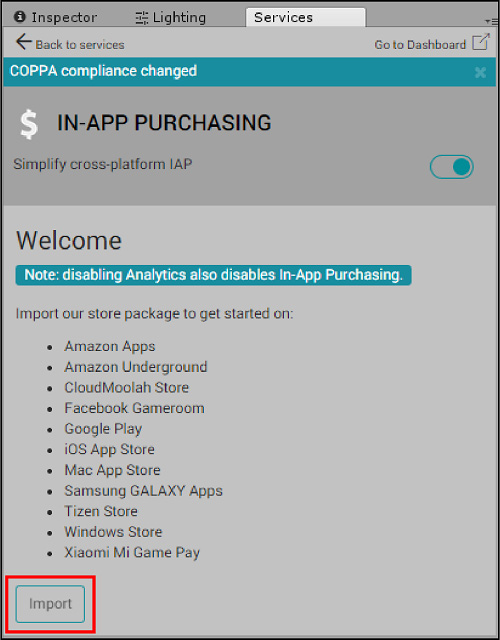Unity 에디터의 서비스 창을 통해 Unity IAP를 활성화하고 Xiaomi SDK 임포트