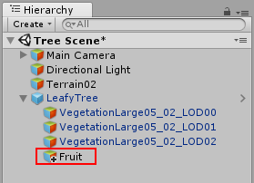 자식 게임 오브젝트 Fruit가 오버라이드로 추가된 프리팹 인스턴스를 보여주는 계층 창.