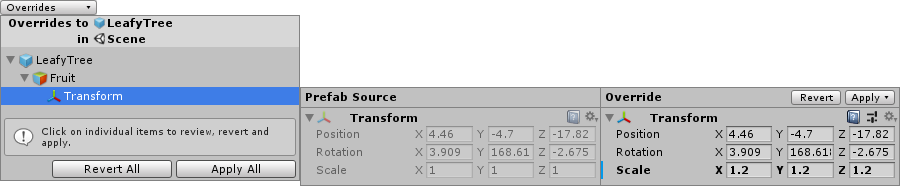 프리팹 인스턴스의 자식 게임 오브젝트에 대한 Transform 컴포넌트의 수정된 값을 보여주는 오버라이드 드롭다운의 비교 뷰