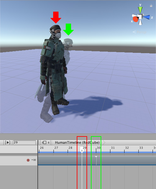 오프셋을 일치시킨 후에는 첫 번째 애니메이션 클립의 끝 지점(29프레임, 빨간색 화살표)에 있는 휴머노이드가 두 번째 애니메이션 클립의 시작 지점(30프레임, 녹색 화살표)에 있는 휴머노이드와 위치 및 회전이 일치합니다.
