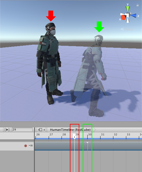 29프레임에서 끝나는 첫 번째 애니메이션 클립(빨간색 화살표 및 상자)과 30프레임에서 시작되는 두 번째 애니메이션 클립(녹색 화살표와 및 상자) 사이에서 휴머노이드가 부자연스럽게 움직입니다.