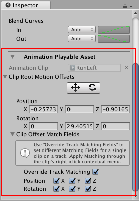 선택한 애니메이션 클립의 플레이어블 에셋 프로퍼티가 표시된 인스펙터 창