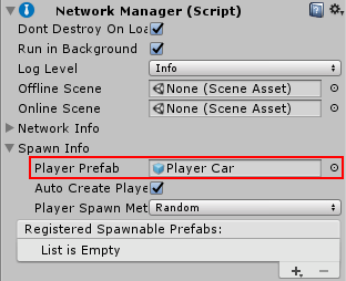 Player Car 프리팹이 Player Prefab 필드에 할당된 Network Manager