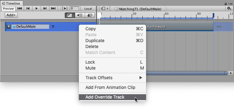 오버라이드 트랙을 추가하려면 애니메이션 트랙을 마우스 오른쪽 버튼으로 클릭한 후 컨텍스트 메뉴에서 Add Override Track을 선택합니다