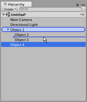 이 이미지에서는 Object 4(현재 선택됨)를 Object 2와 Object 3(파란색 수평선으로 표시) 사이에 끌어다 놓는 중이며, 부모 게임 오브젝트 Object 1(파란색 캡슐로 강조 표시됨) 아래에 있는 두 게임 오브젝트 곁에 형제로 배치됩니다.