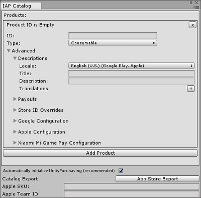 Unity 에디터의 IAP Catalog GUI