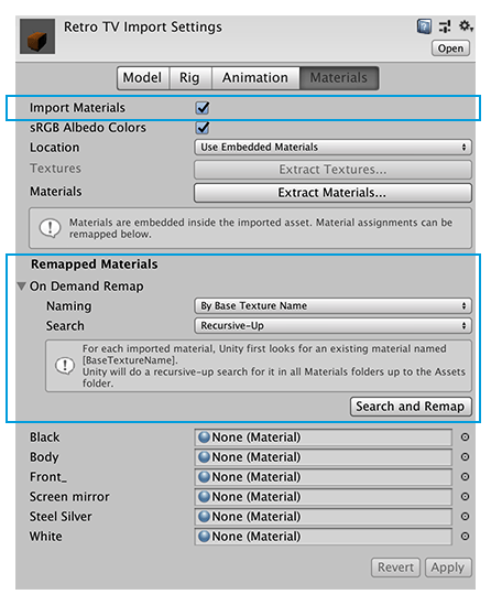 Import Settings 창의 Material 탭에서 Import Materials 활성화