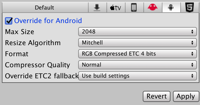 텍스처 인스펙터 창의 Android 2D Texture Override 설정. Android 로고를 클릭하면 Android별 오버라이드에 액세스합니다.