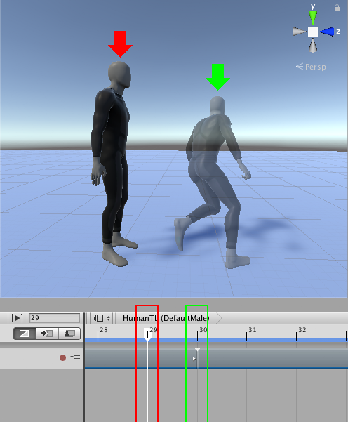 29프레임에서 끝나는 첫 번째 애니메이션 클립(빨간색 화살표 및 상자)과 30프레임에서 시작되는 두 번째 애니메이션 클립(녹색 화살표와 및 상자) 사이에서 휴머노이드가 부자연스럽게 움직입니다