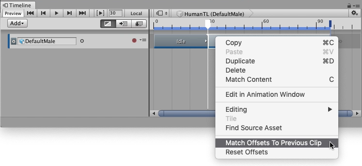마우스 오른쪽 버튼으로 클릭하고 Match Offsets to Previous Clip을 선택하여 선택된 애니메이션 클립의 오프셋을 바로 앞의 애니메이션 클립과 일치시킵니다.