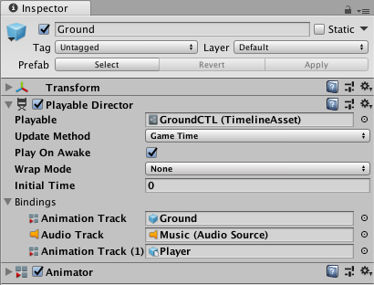 이름이 Ground인 게임 오브젝트에 추가된 Playable Director 컴포넌트. 게임 오브젝트가 GroundCTL 타임라인 에셋과 연결되어 있습니다.
