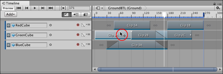 Mix 모드를 Clip Edit 모드로 선택한 타임라인 창입니다. 포지션 커서(동그라미 안쪽)는 클립을 드래그하여 배치할 위치를 나타냅니다.