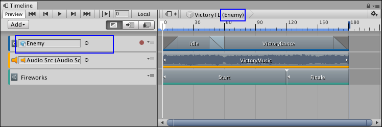 Enemy 게임 오브젝트(파란색)도 VictoryTL 타임라인 에셋에 연결되어 있습니다