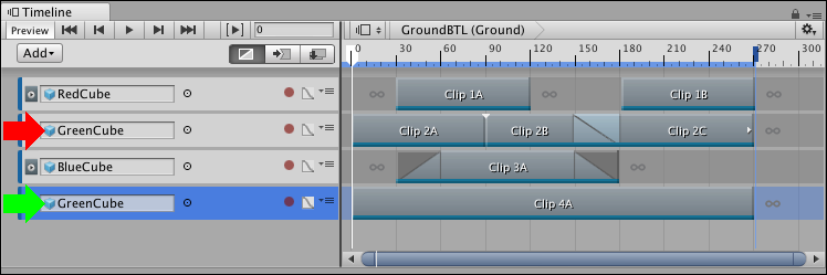 두 번째 트랙(빨간색 화살표)과 네 번째 트랙(선택됨, 녹색 화살표)은 동일한 게임 오브젝트(GreenCube)를 애니메이션화합니다. 네 번째 트랙이 우선 순위를 가지고 두 번째 트랙을 오버라이드합니다.)