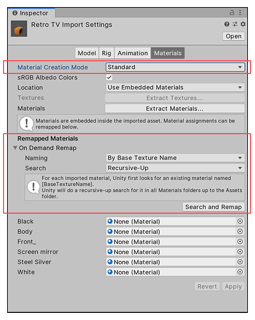 Import Settings 창의 Material 탭에 있는 Standard Material Creation Mode