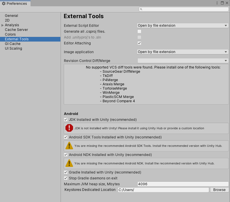 Preferences 창의 External Tools 범위