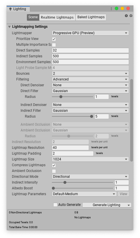 Lightmapper 가 Progressive GPU (Preview) 로 설정되었을 때 Lighting 창의 라이트매핑 설정에서 이용 가능한 프로퍼티