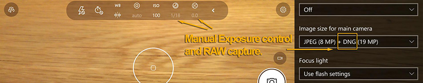 수동 노출 및 RAW 캡처를 사용하기 위한 스마트폰 설정 예