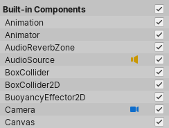Built-in Components 체크박스는 해당 섹션에 나열된 모든 컴포넌트 타입의 기즈모 가시성을 토글함
