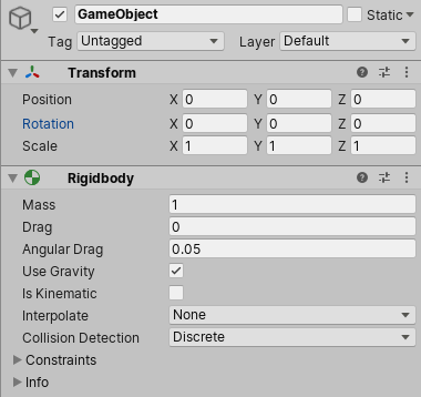 Rigidbody 컴포넌트가 추가된 빈 게임 오브젝트