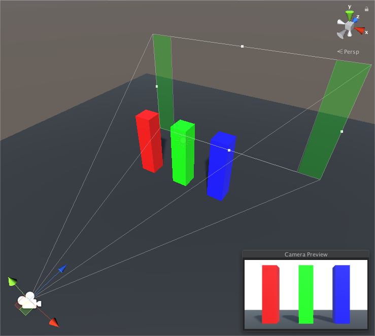 Gate Fit이 Vertical로 설정됨: 해상도 게이트 종횡비는 16:9, 필름 게이트 종횡비는 1.37:1(16mm)입니다. 초록색 영역은 Unity가 게임 뷰에서 오버스캔하는 이미지 부분을 나타냅니다.