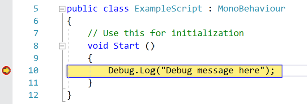 브레이크 포인트에서 중단되었을 경우의 Visual Studio의 디버거