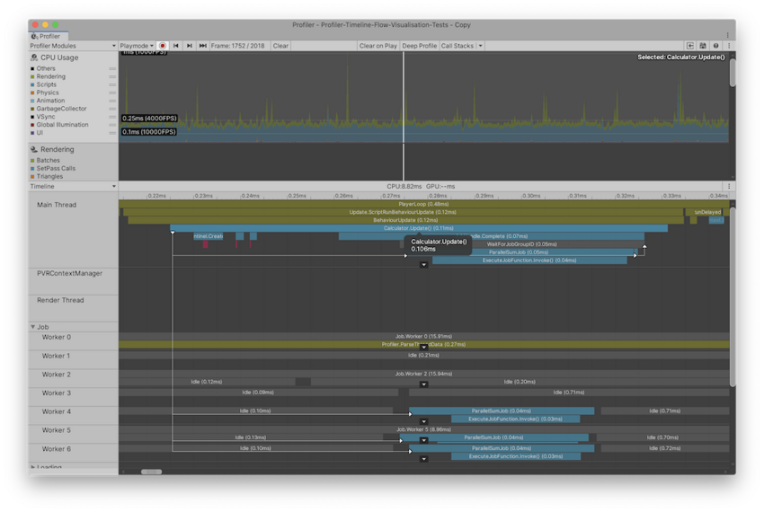 Flow Events가 활성화되고 샘플이 선택된 타임라인 CPU 프로파일러 뷰.