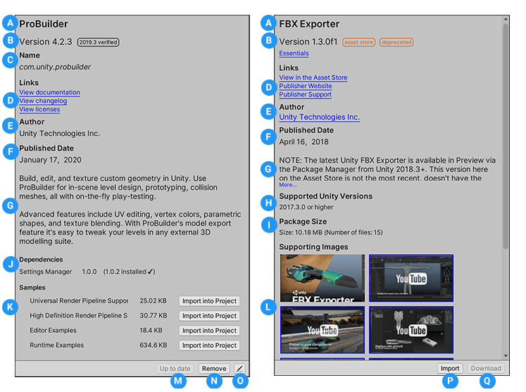 Unity 패키지의 패키지 세부 정보(왼쪽)와 에셋 스토어 패키지(오른쪽)
