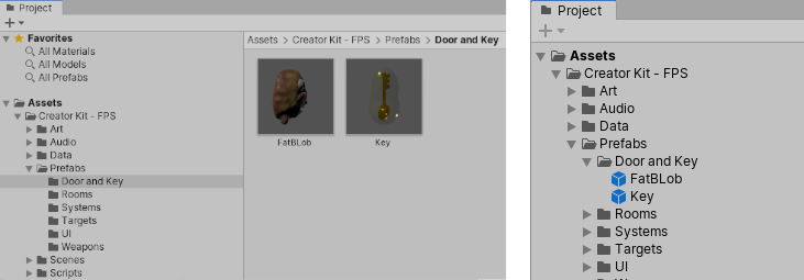 프로젝트 창에서 두 개 열 뷰(왼쪽)와 한 개 열 뷰(오른쪽)로 표시된 두 개의 프리팹(FatBlob 및 Key)