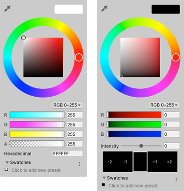 Unity Color Picker 창(왼쪽)과 HDR 컬러 피커(오른쪽)