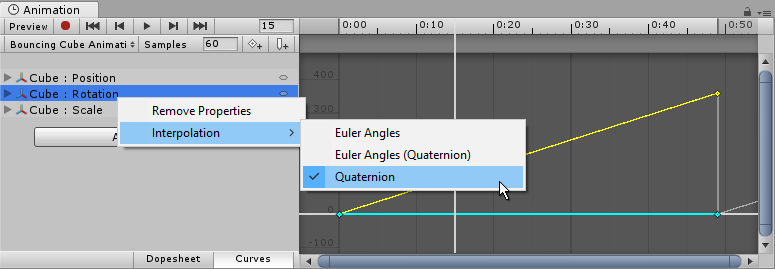 트랜스폼 회전은 Euler Angles 보간 또는 Quaternion 보간을 사용할 수 있습니다.