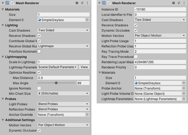 일반 모드(왼쪽)와 디버그 모드(오른쪽)의 Mesh Renderer 컴포넌트