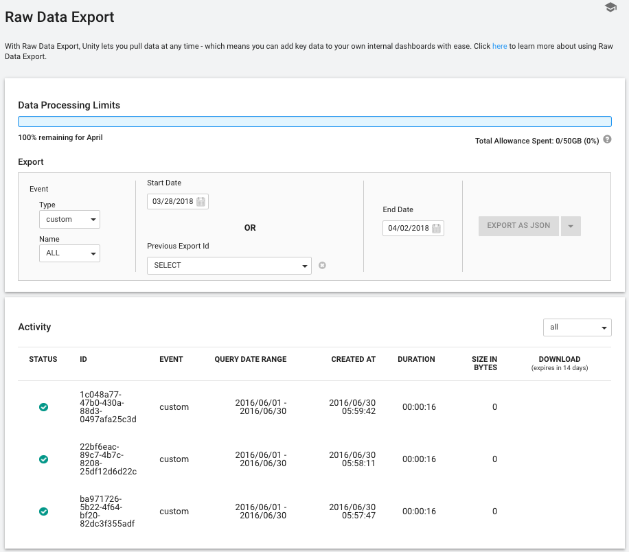 Raw Data Export 화면의 Export 섹션과 Activity 테이블