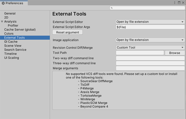 Preferences 창의 External Tools 범위