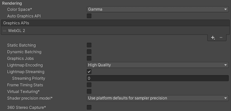 WebGL 플랫폼을 위한 렌더링 플레이어 설정