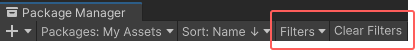 Filters 드롭다운 메뉴 및 Clear Filters 버튼을 사용하면 리스트에 표시되는 에셋 스토어 패키지의 범위를 좁힐 수 있습니다