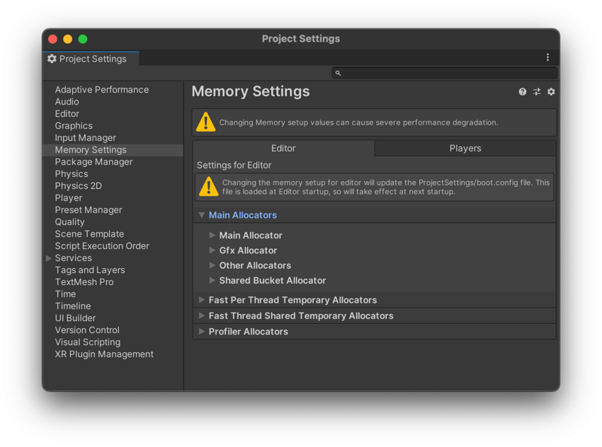 Project Settings > Memory Settings, Player memory settings의 선택 사항을 보여줍니다.
