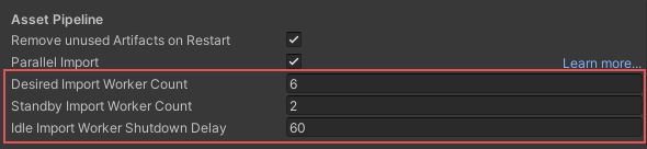 Project Settings 창의 임포트 워커 프로세스 제어