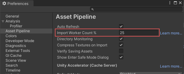 Preferences 창의 Importer Worker Count 설정