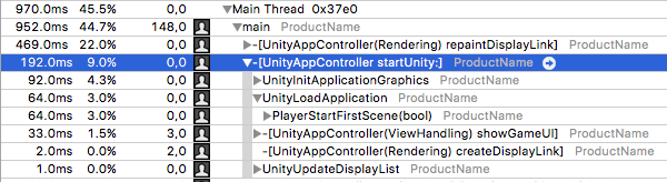 iOS 기기에서 실행되는 샘플 Unity 프로젝트의 Instruments 트레이스