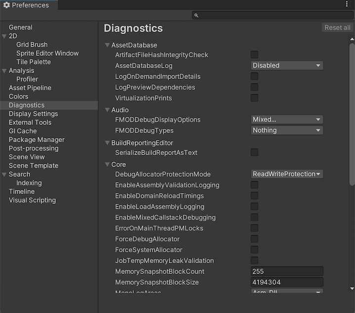 Diagnostics on the Preferences window