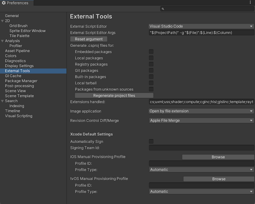 Preferences 창의 External Tools 범위