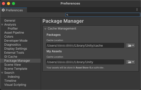 Package Manager 카테고리가 선택된 Preferences 창