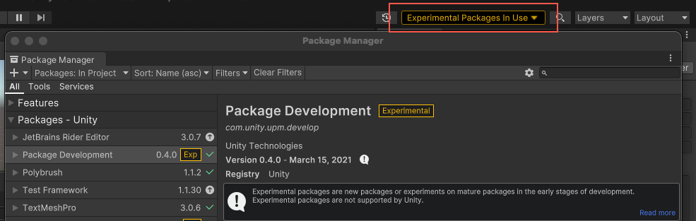 Experimental Packages In Use 메뉴가 툴바에 경고로 표시됩니다.